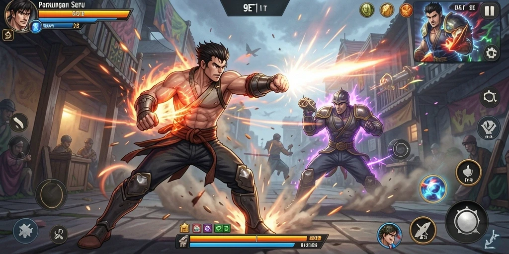 Screenshot gameplay 9ET menunjukkan pertarungan yang intens dan mendebarkan.