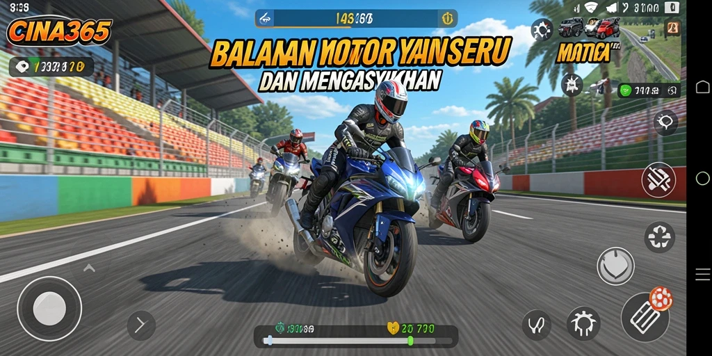 Gameplay seru CINA365 dengan balapan motor yang intens.