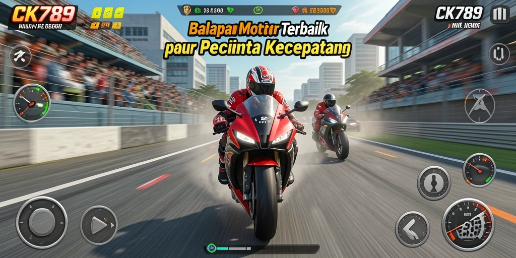 Screenshot CK789 menampilkan aksi balapan motor yang mendebarkan.