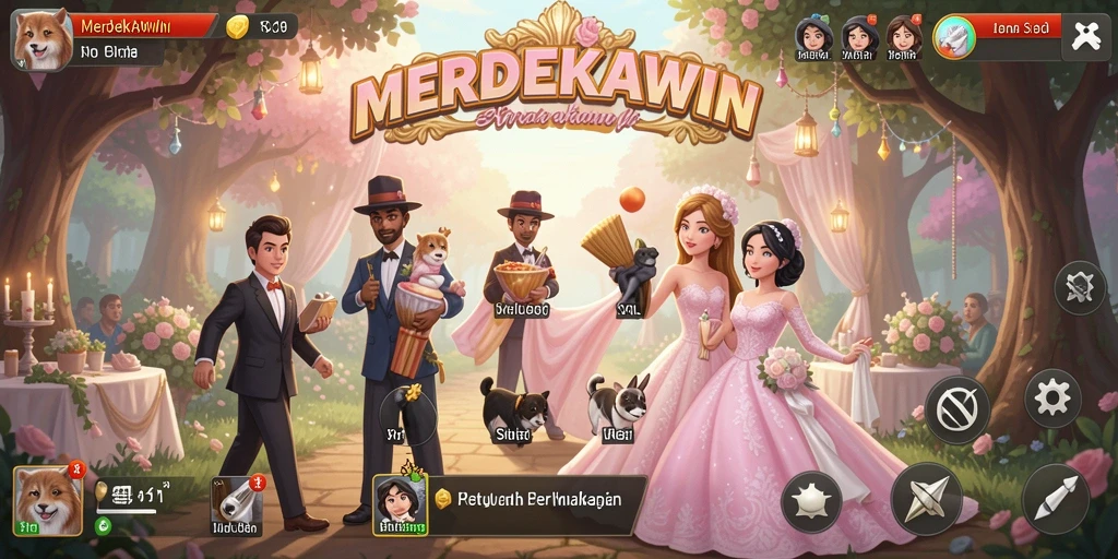 Tampilan utama gameplay MERDEKAWIN menampilkan pernikahan yang dipersiapkan dengan detail.