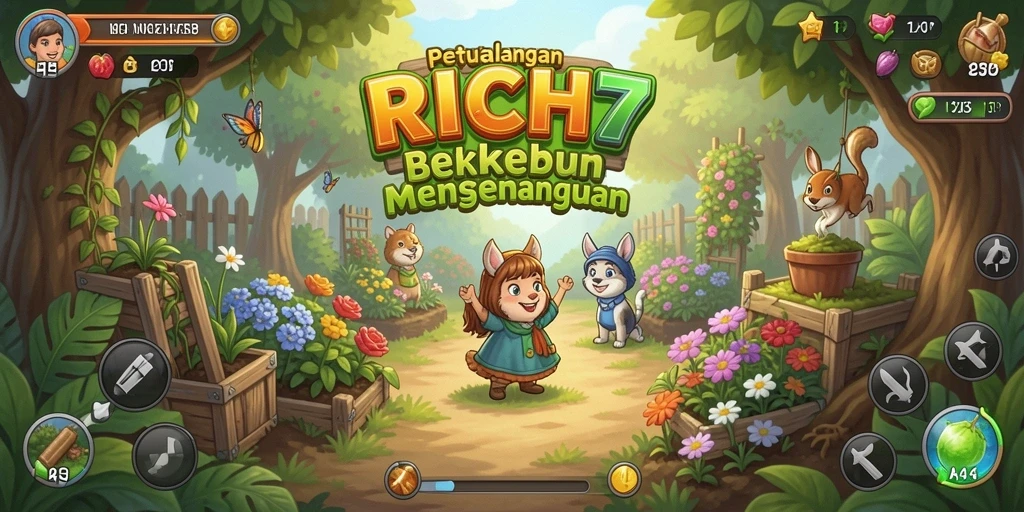Tampilan gameplay RICH7 dengan kebun yang rimbun dan hasil panen melimpah.