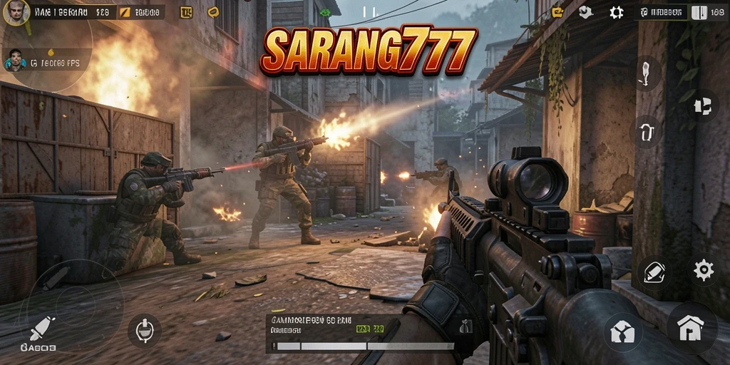 Screenshot menampilkan aksi seru gameplay SARANG777 di medan perang.
