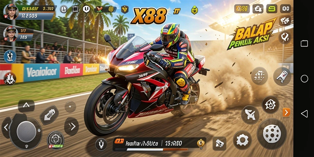 Tampilan gameplay X88 dengan aksi balap motor yang seru.